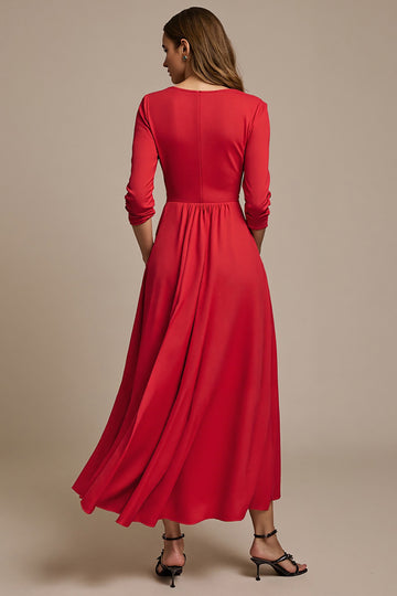 Red Long A Line Wedding Guest Dress with 3/4 Sleeves